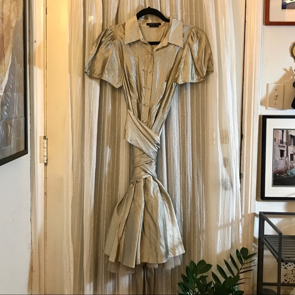 BCBG Max Azria Vintage Silver Metallic Fit and Flare Midi Dress - Picture 10 of 11